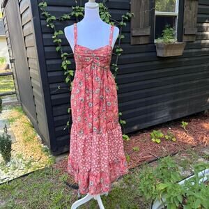 Land of the Free Boho Floral Smocked Midi Dress Pink Cottagecore Fairy